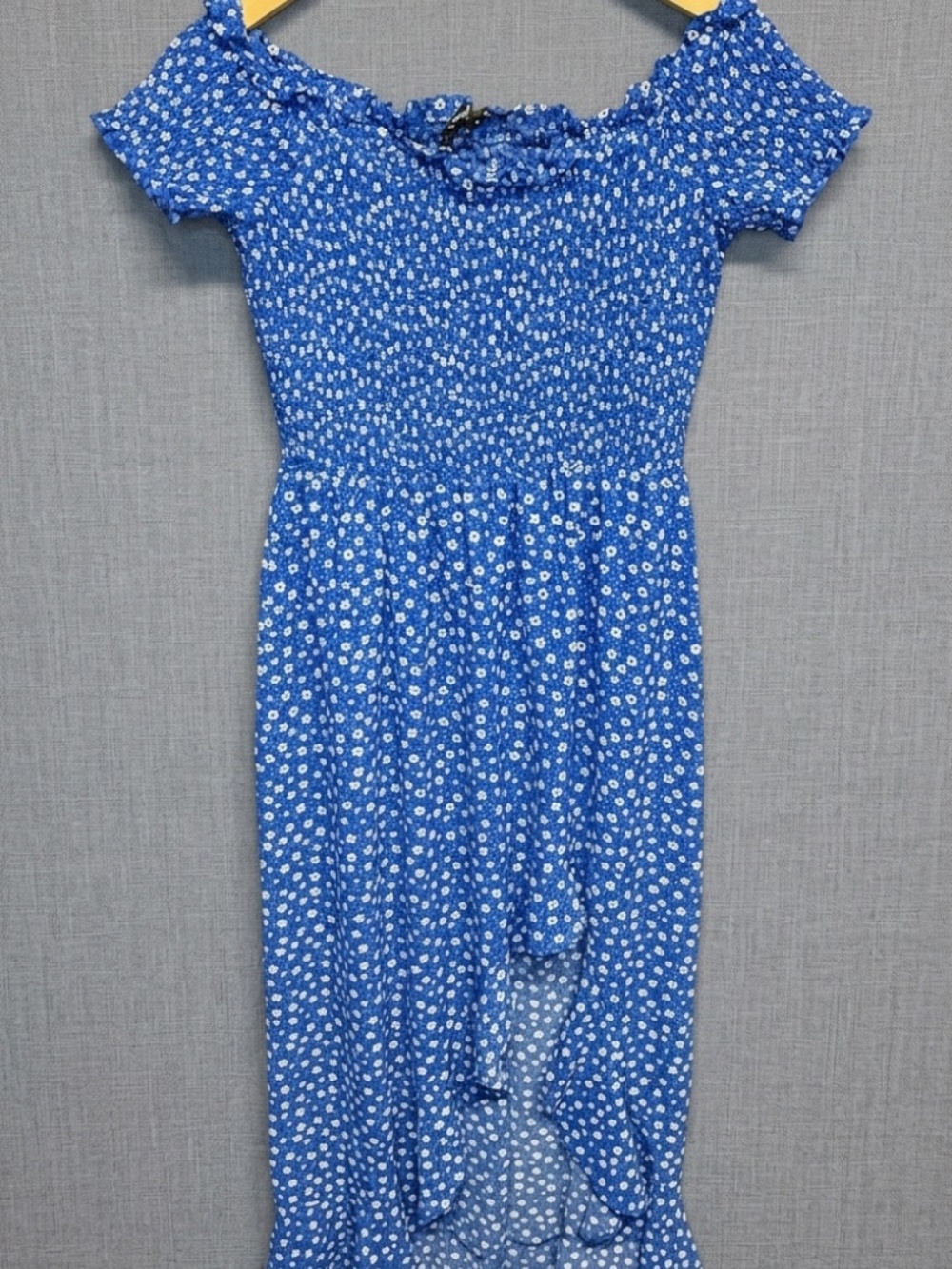 Crystal Doll Blue Floral Smocked Off Shoulder High Low Midi Dress Large Cottage